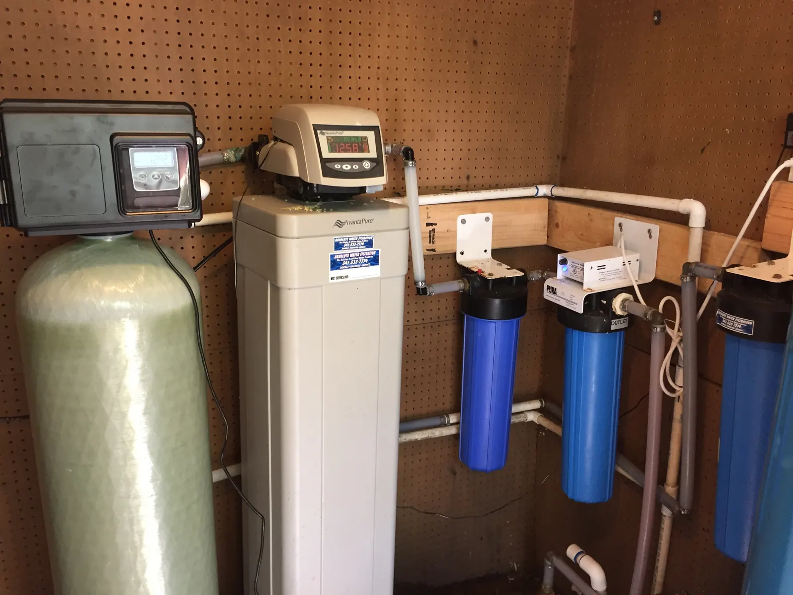 AvantaPure metered softener with staged prefilter bank.